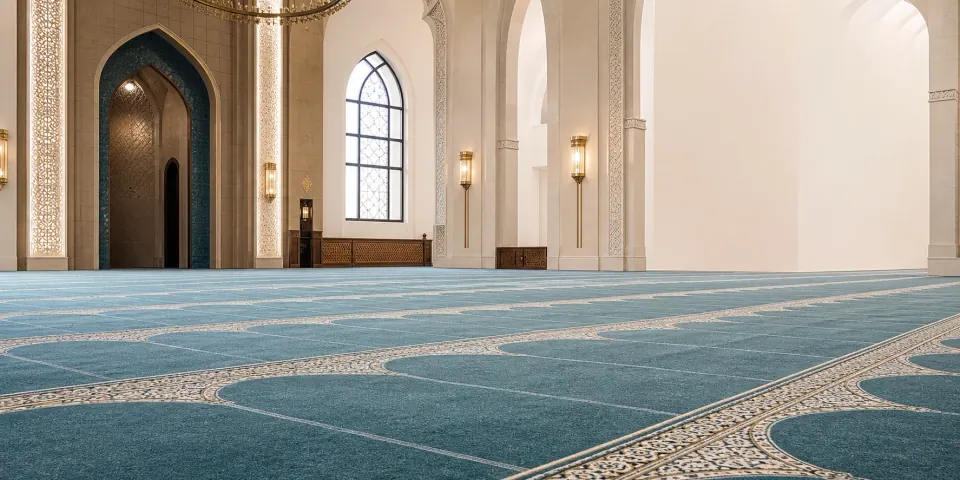 مصلى بسجاد أزرق مخضر هادئ وإضاءة طبيعية في الرياض